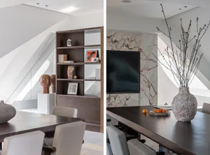 A modern conference room featuring a marble wall and wooden furniture.