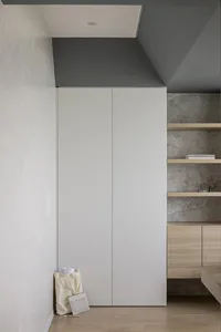 A minimalist modern interior design with a white painted closet storage unit.