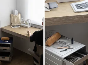 A modern home office with a wood-paneled wall, featuring a desk, chair, and various office supplies.