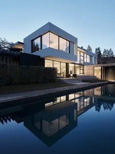 A modern house with a glass, concrete, and wooden exterior reflected in a still pool.