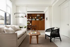 Modern minimalist living room featuring a white couch, wooden coffee table, and bookshelf filled with books and decorations.
