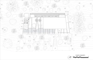 A detailed architectural plan depicting a modern residential structure with indoor and outdoor spaces.