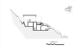 Linear drawing illustrating the cross-section of a house on a hillside.