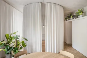 A modern living room showcasing a curtain partitioning the space, with a wooden table and potted plants.