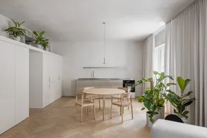 A minimalist modern residential kitchen featuring herringbone-pattern wooden floors, stainless steel cabinets, and potted pla
