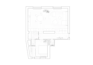 Floor plan of a minimalist apartment with tiled flooring.