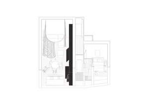 Compact apartment with modern minimalist interior design, including a living room, kitchenette, bedroom, and bathroom.