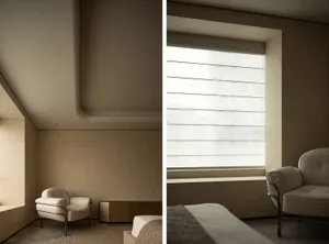 A minimalist bedroom featuring a bed with a white mattress and a cream-colored blanket, blinds in the window, and a white arm