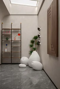 Minimalist interior design featuring a concrete cabinet with storage and a concrete bathtub in a modern, sleek bathroom.