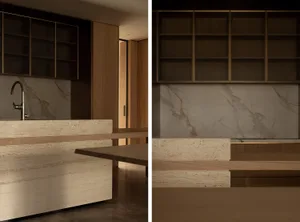 A minimalist residential kitchen featuring marble countertops and cabinets with a modern design.