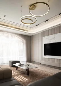 A modern living room with neutral tones and minimalist design.