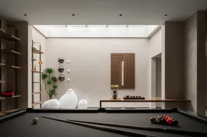 A modern living room featuring minimalist design with concrete walls, glass windows, and wooden accents.