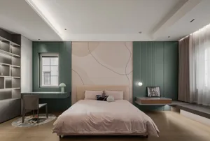 A modern minimalist bedroom featuring neutral-toned furniture, a large bed, and a simplistic design aesthetic.
