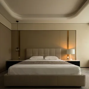 A minimalist bedroom with a large bed, white bedding, and a modern light fixture.