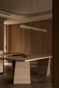 Modern minimalistic dining room featuring wooden tables and wood-paneled walls.