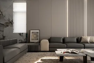 A modern minimalist living room featuring leather furniture and marble accents.