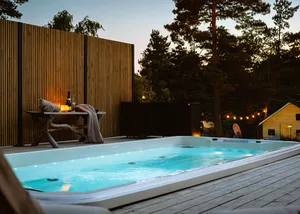 A minimalist outdoor pool with wooden deck, glass boundary, and concrete interior.
