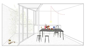 A modern dining room with a metal and wood dining table and chairs, along with decorative elements such as a yellow pendant l
