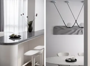 A modern kitchen and dining area with terrazzo and abs materials.