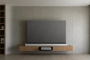 Modern living room with a concrete background, minimalistic design, and a large flat-screen television mounted on the wall.