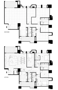 Before and after floor plans of an apartment featuring design modifications and layout changes.