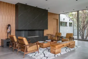 A modern living room features a marble wall and wooden furniture on a patterned rug.