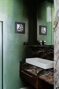 Modern bathroom featuring a white rectangular sink on a dark marble counter, with green walls and framed artwork.
