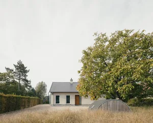 A modern house with a brick exterior, featuring a grey roof and a wooden doorway, surrounded by tall grass and trees.