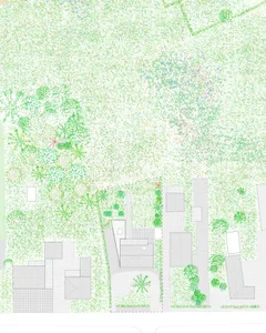 A detailed architectural plan of a residential backyard featuring grass, shrubs, trees, and paved walkways.