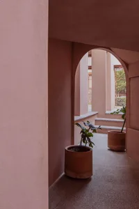 A modern architectural space featuring potted plants, arches, and terracotta flooring.
