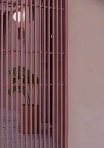 A pink metal grid with a plant in the background.