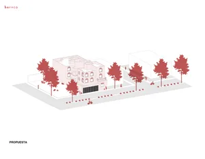 Drawing of a residential urban area with trees and buildings.