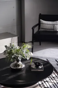 A modern black coffee table adorned with green plants and a metallic sculpture.