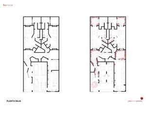 Detailed architectural blueprint of the ground floor of a residential facility, featuring rooms, corridors, and other functio