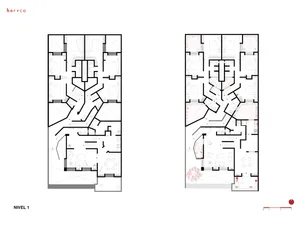 Detailed architectural drawing of an apartment building floor plan, showing multiple residential units and common areas.