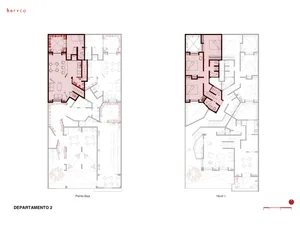 A detailed rendering of an apartment floor plan showing the layout of rooms and furniture.