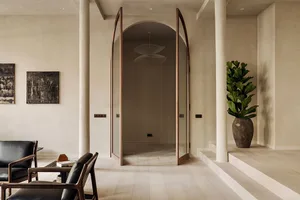 A minimalist living room with beige walls, wooden flooring, and a plant in a vase on a step.