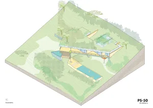 Isometric view of a wooden bridge with integrated pool and surrounding greenery.
