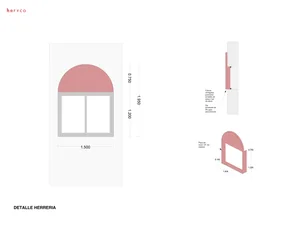 建築細節展示金屬拱門結構，附有尺寸與剖面圖。