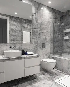 Modern bathroom with marble walls and ceiling, glass shower enclosure, and black stool with blue lid.