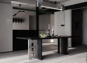 Modern dining room featuring a metal table with white flooring and a minimalist design.