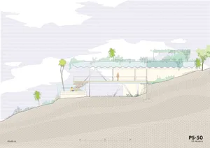 Modern house with concrete, glass, and metal exterior, featuring a residential design with glass walls and concrete structure