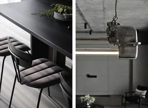 Modern office space featuring metal and concrete materials.