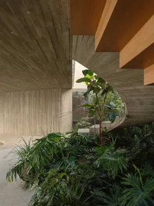 Modern industrial staircase featuring concrete walls, wooden beams, and tropical plants