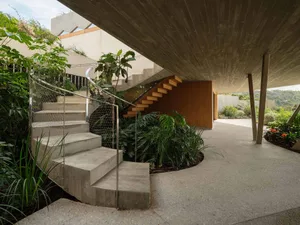 Concrete stairs leading to a wooden staircase surrounded by green plants