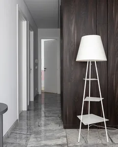Modern minimalist interior featuring a white floor lamp with three shelves and a black wooden wall paneling.