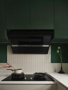 A minimalist residential kitchen with green cabinetry and ceramic tile flooring