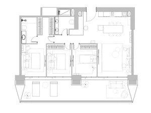 Detailed architectural blueprint of a modern residential apartment layout with three bedrooms and a living area.