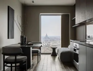 Modern living room with large windows, wooden furniture, and minimalist design
