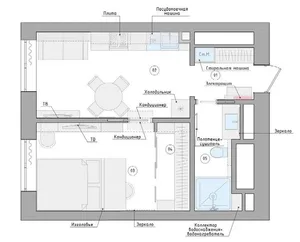A modern minimalist kitchen and living space with a white floor plan, white appliances, a white dining table, white cabinets,